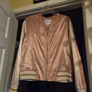 GUESS Women's Blush Bomber Jacket with Cream and Gold Accents L